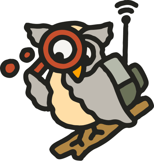 Graphic of an owl with a magnifying glass (the owl is a metaphor for you the camper looking for a campsite)