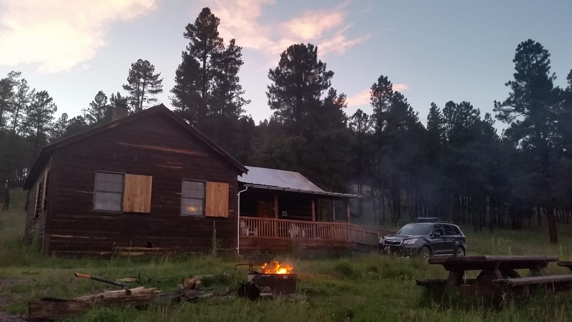 Front of cabin at sunset