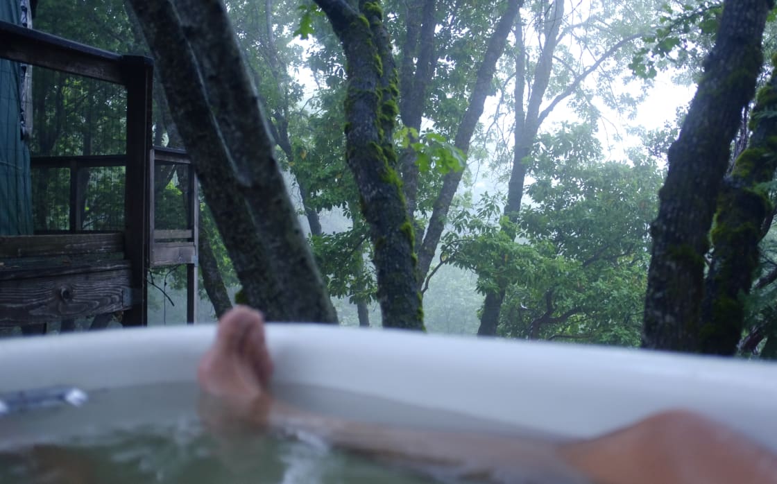 Misty morning tub and coffee with a view