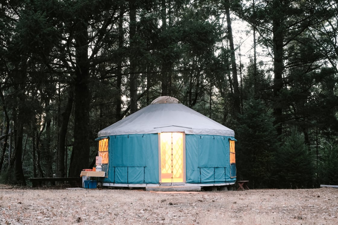 The yurt lit up at dusk! 