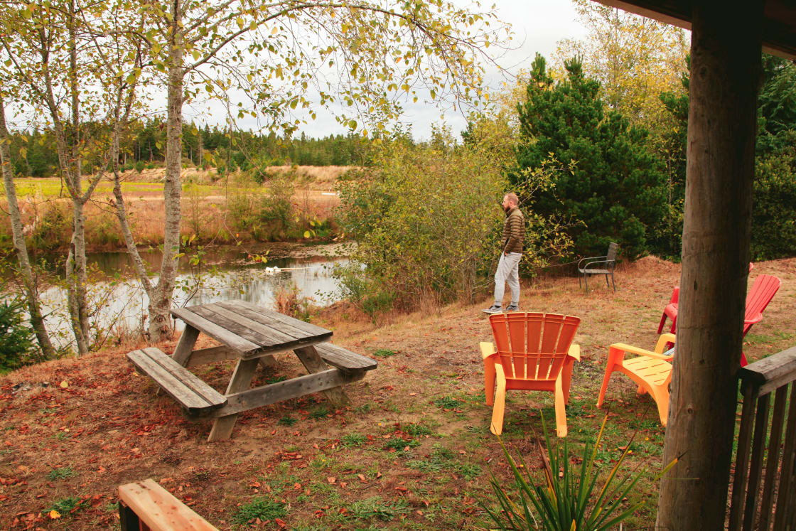 The view from the porch looking down onto the Cranberry bog, picnic table and bonfire area. Check for local burn bans!