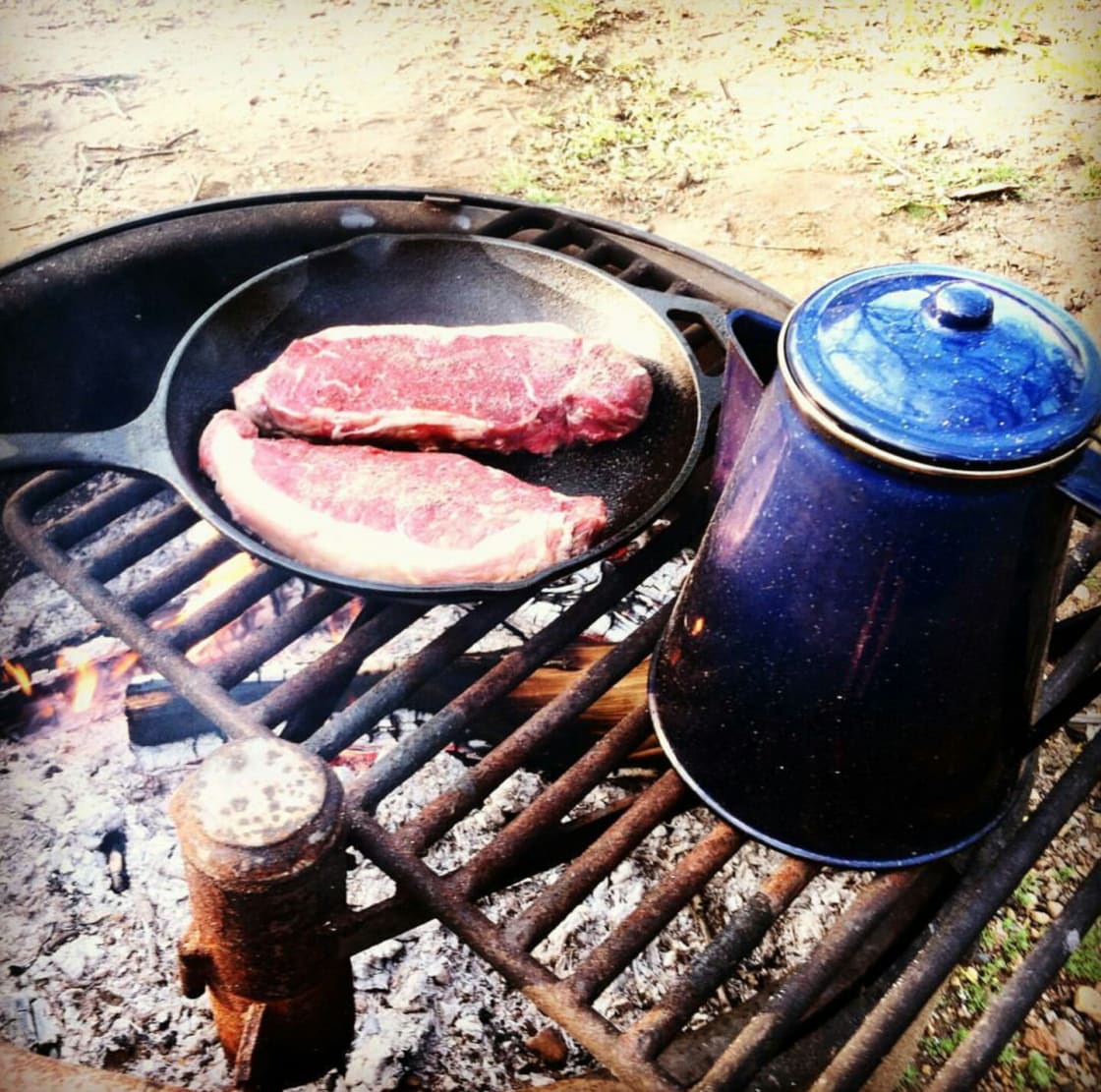 One of my favorite parts of car camping is leaving the dehydrated food at home and grabbing the cast iron out of trunk . After no luck catching trout , we indulged in steak while camping in Camden . 