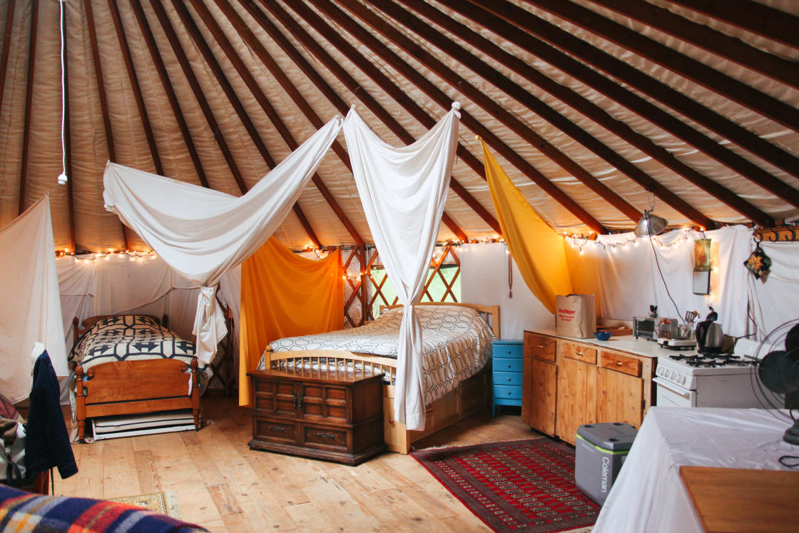 With plenty of sleeping options, the yurt would be a great place to come in a group. There is one queen, a full, a twin with a pullout bed, and the couch.