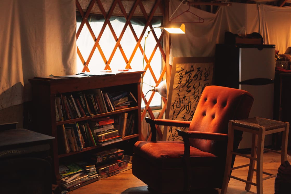 The yurt comes stocked with a library of interesting books! Anything from cookbooks to Thoreau to botany.