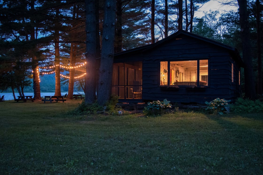 The cabin at night