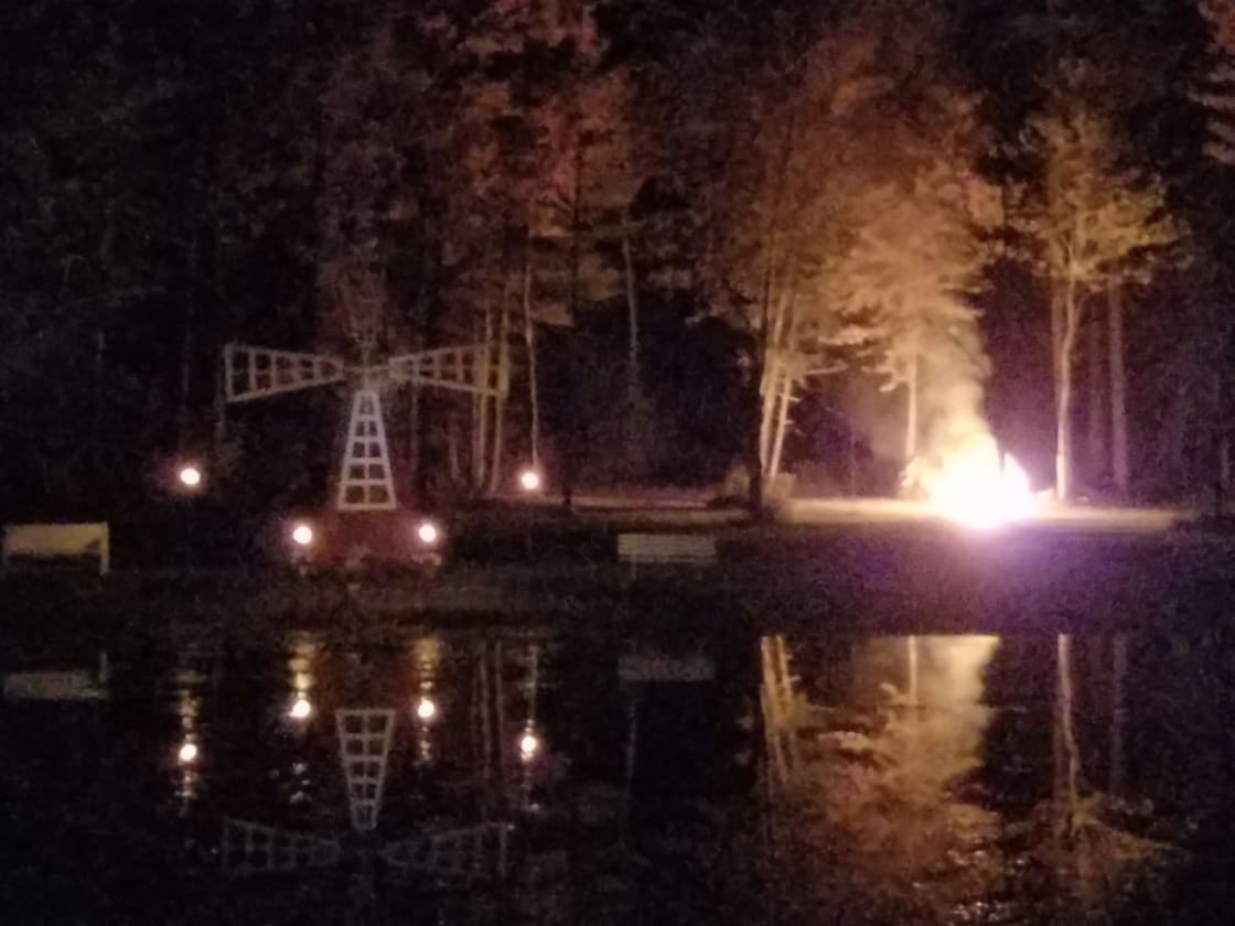 This is when we have our bomb fire in the back lot and our windmill with tiki torch's. We also have a small dock that goes out into the pond.