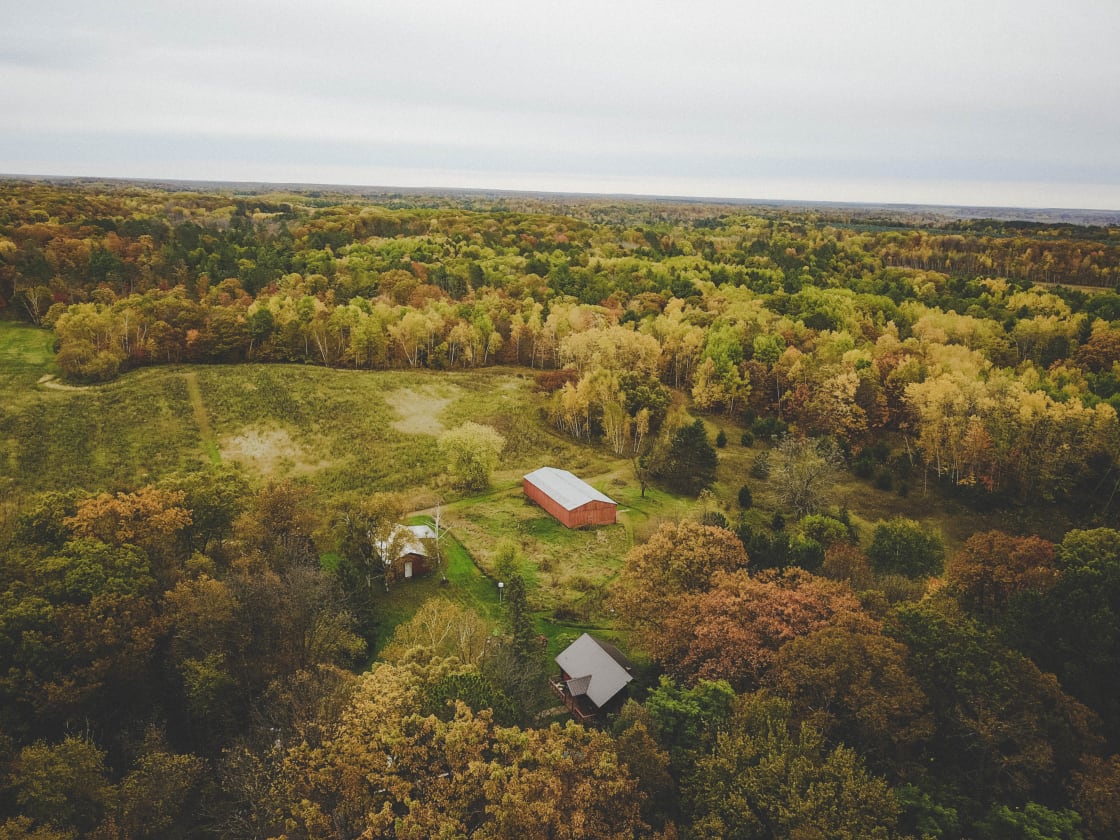 Drone shot of the cabin -- beautiful in the fall!
