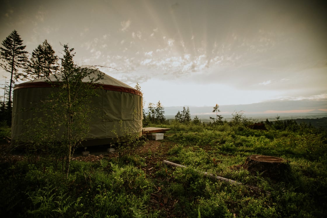 Catching sunrise at the yurt with an amazing view of Mt. Hood.
