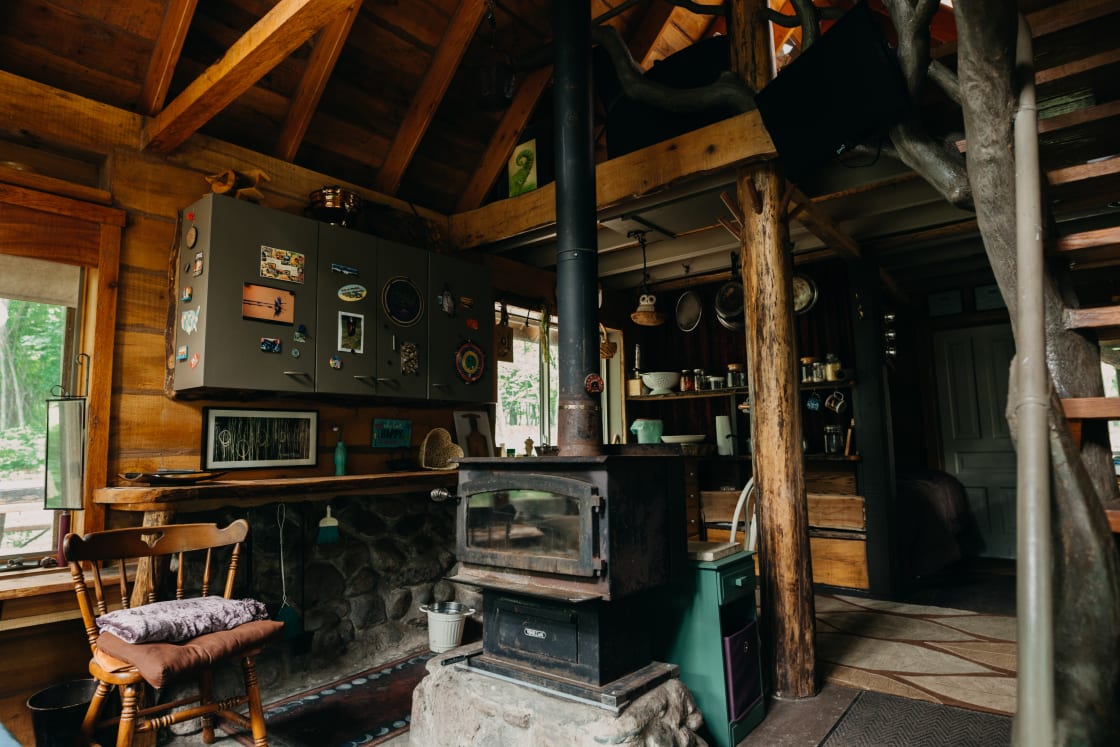 Inside the cozy cabin.