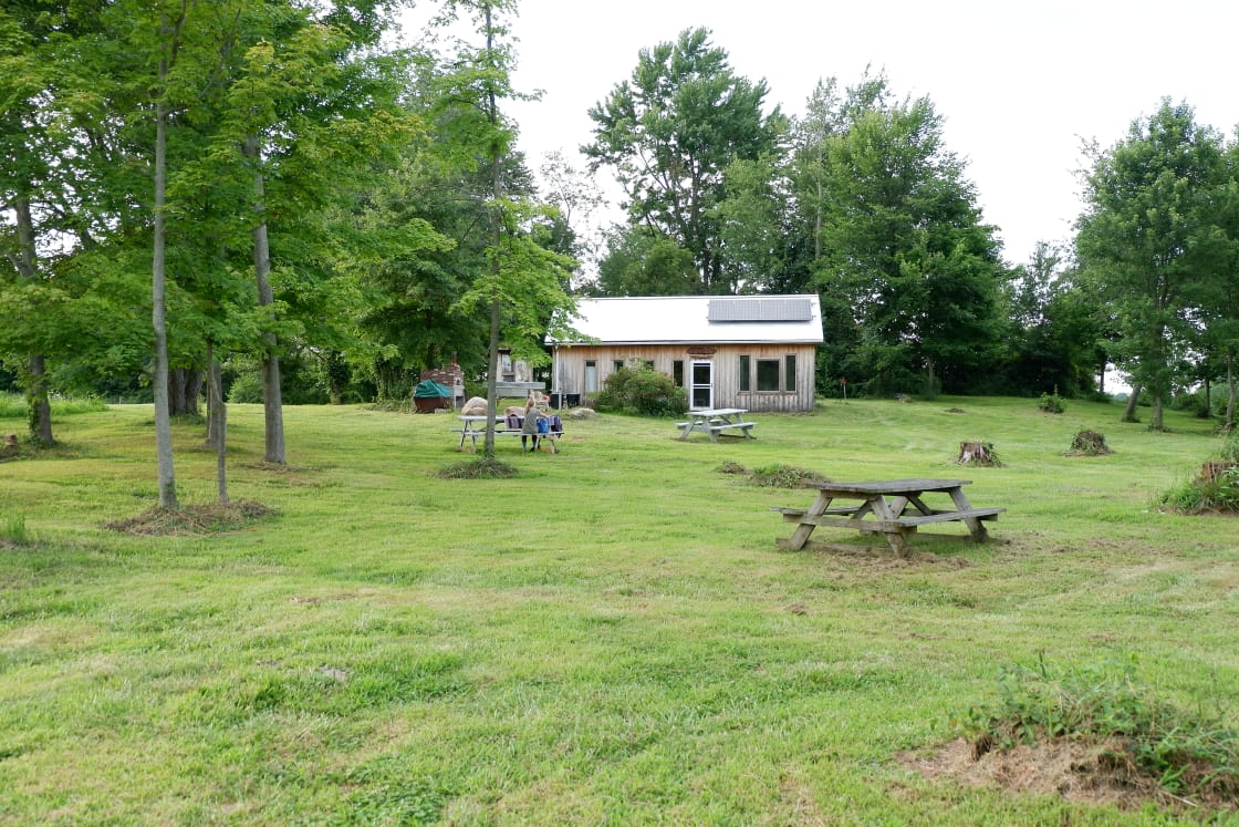 The cabin is close to the pond and has three picnic tables to eat at