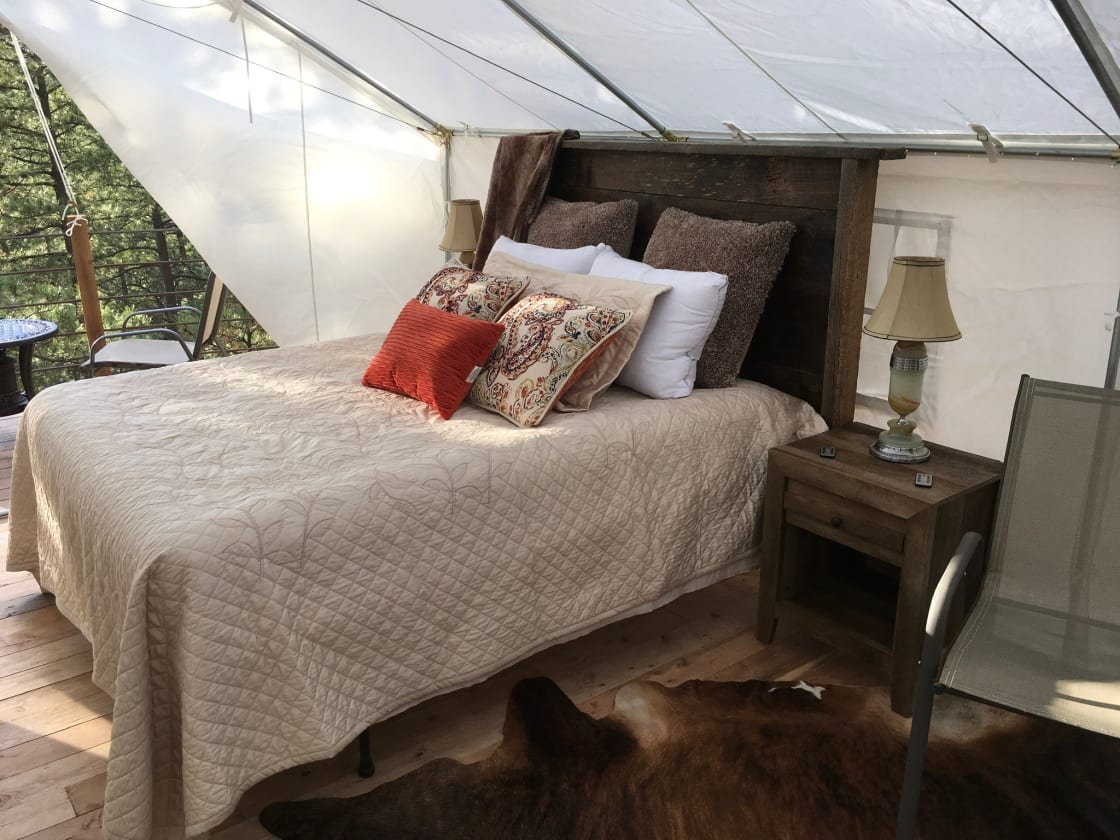 Enjoy sleeping in on a super luxurious mattress and hand made bed built from old timbers rough cut in the Black Hills.  You’ll find it almost impossible to leave this nest of fine linens and plethora of pillows.

