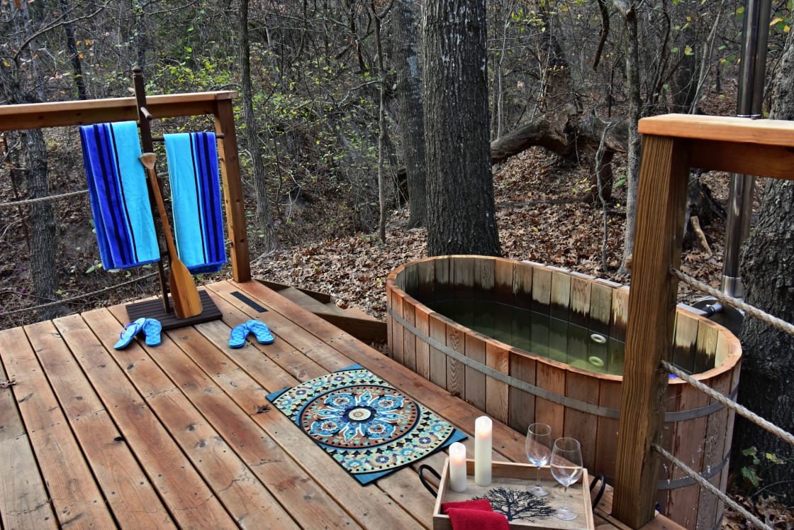 Soak in the woods in one of the only wood-fired hot tubs in America!  Build a fire in the oven, and the water naturally circulates! (It's actually a Japanese soaking tub)