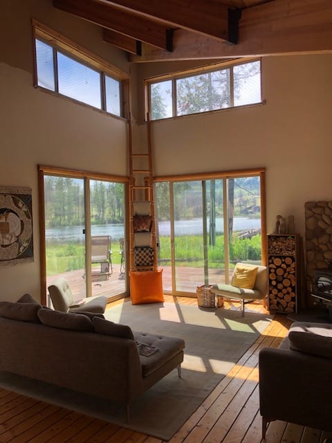 With 18 foot ceilings the cabin is full of light and great views