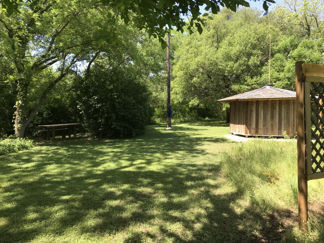 Campground, picnic table and bathhouse 