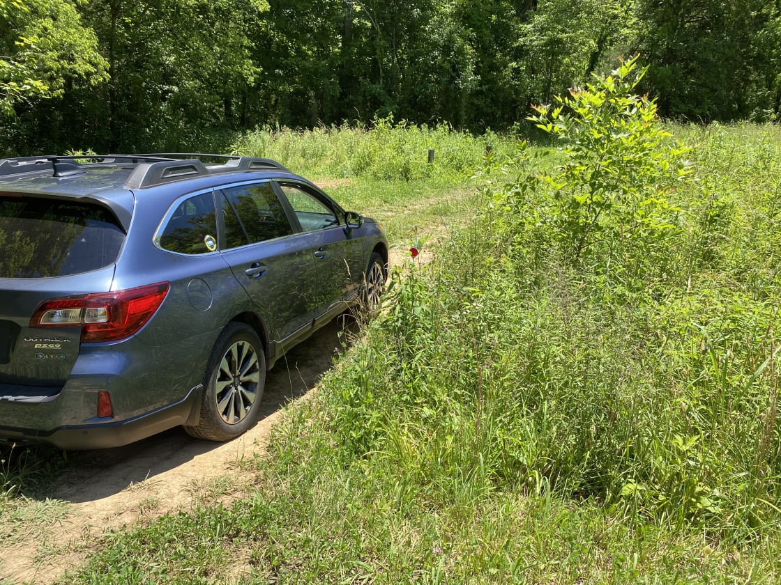 Subaru Outback crossing ditch to group site.