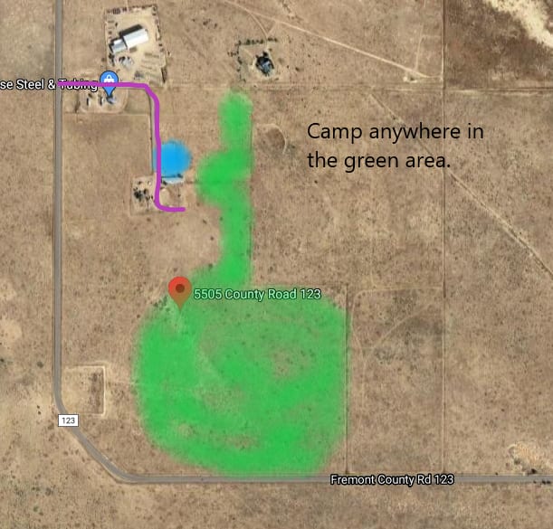 Well water in in the blue next to the fire pit.  Please feel free to camp anywhere outlined in green.  Please don't disturb the tenants at the farm house.