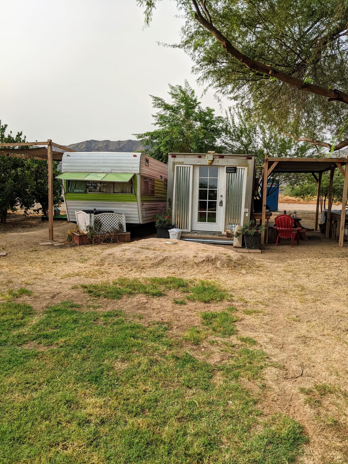 Front view of the Bohemian Hideaway and Terry's Trailer. This would be super cool for close friends to rent each unit and have a little cookout, then retire to their separate sleeping spaces!