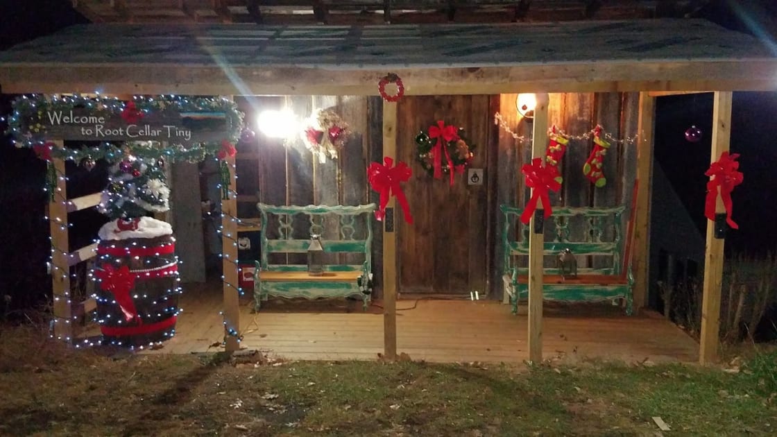 Tiny House front porch done up for Christmas