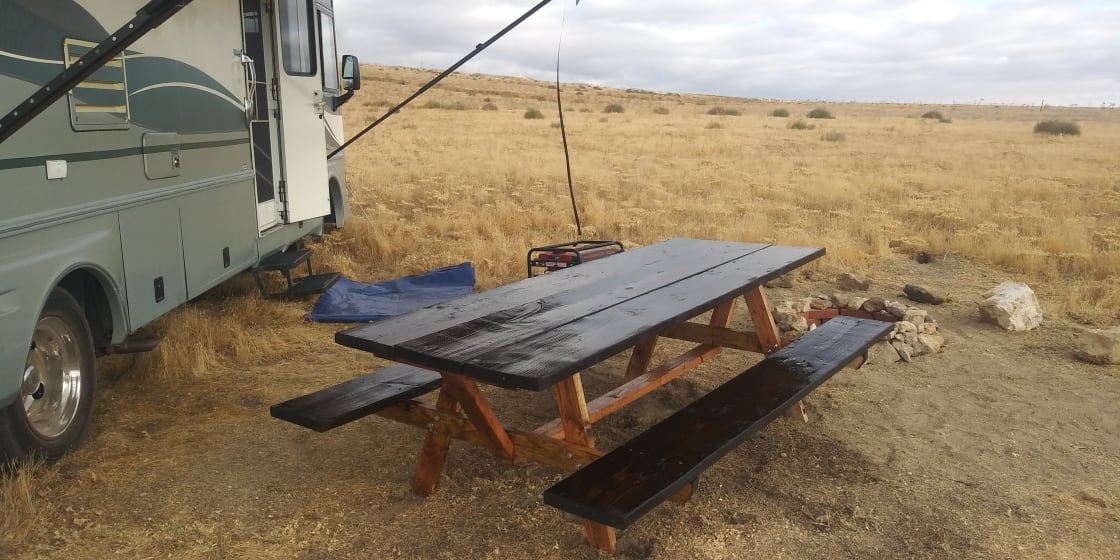 Heritage Picnic Table and Fire Pit RV pull Through and scenery