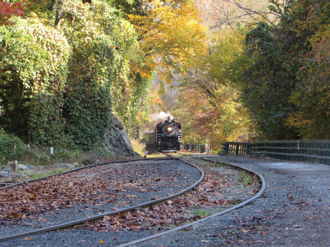 Steam locomotive arrives at Nantahala Outdoor Center with passengers from Bryson City.