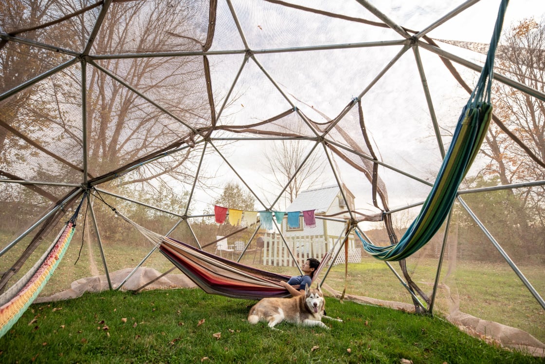 Right outside the tiny house is a unique dome with relaxing hammocks and a bug net so you can take a nap in peace!