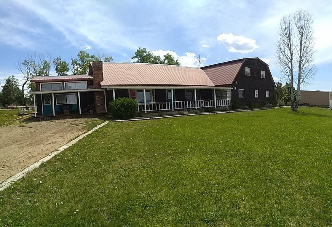 Picture of the front of the Lodge with large front yard to play in.