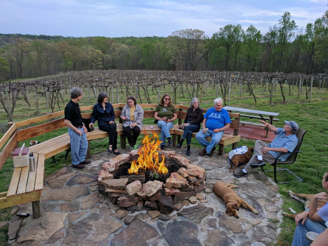 Gathering around the fire at Hickory Ridge Winery.
