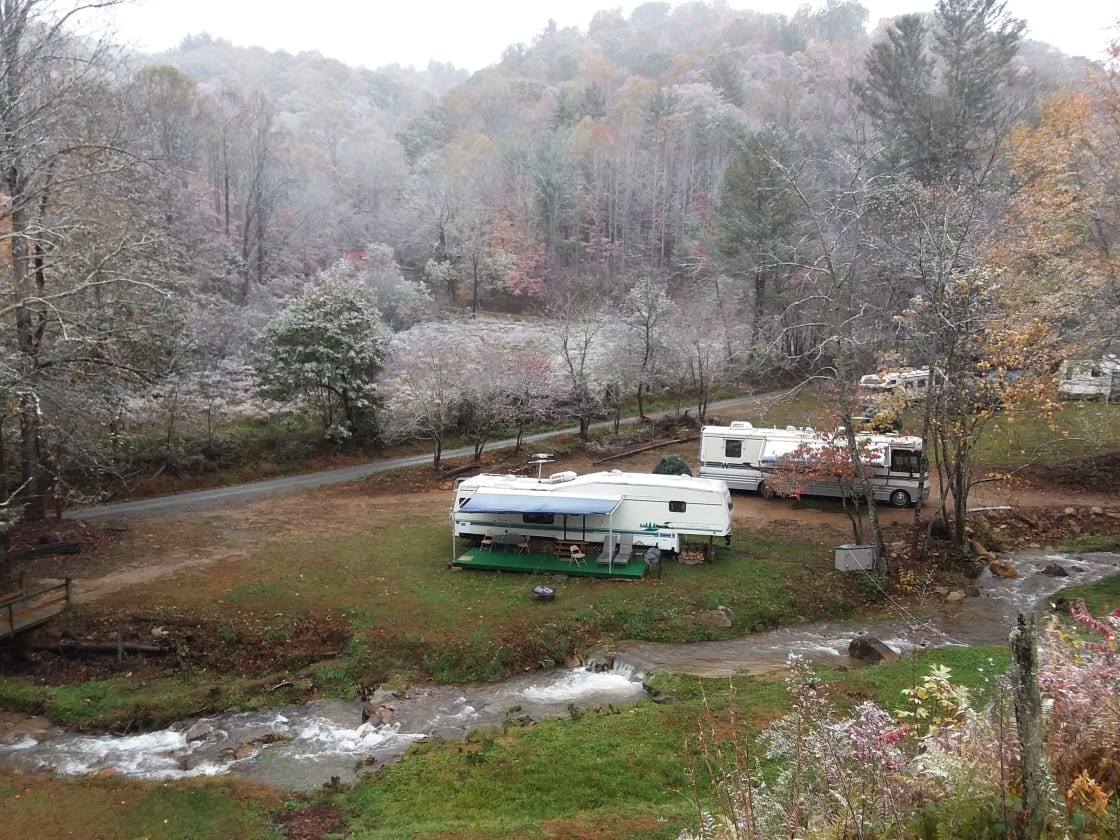 Oct 2017, site #1 with the motor coach, the 5th wheels are rental's, RV site #2 is out if view on the right side. 