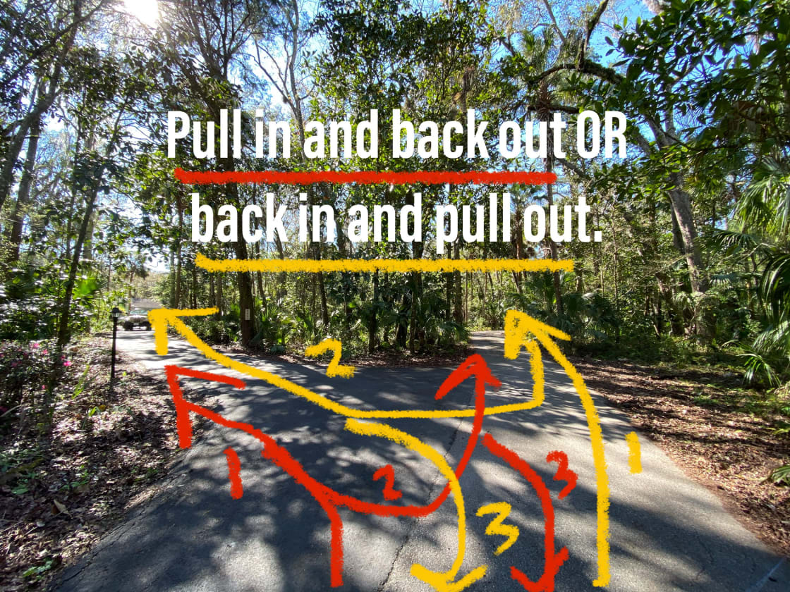 To get turned around, visitors can pull into our residence driveway and back out OR back into our driveway and pull out to get lined up to back into the campsite.