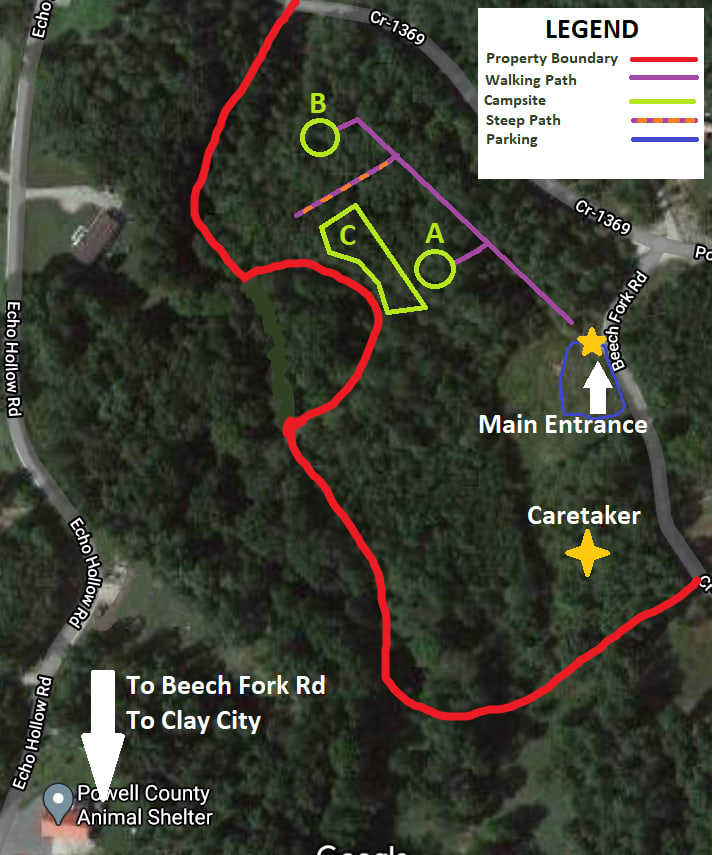 This is a basic overhead map of the campground outlining entrance, parking, walking paths, and approximate camp site locations.