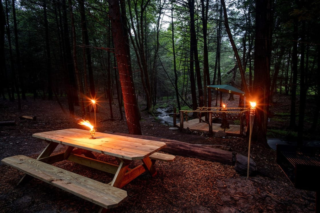 We have a large picnic table and charcoal grill located right outside the small cabin and on the waterfall. 