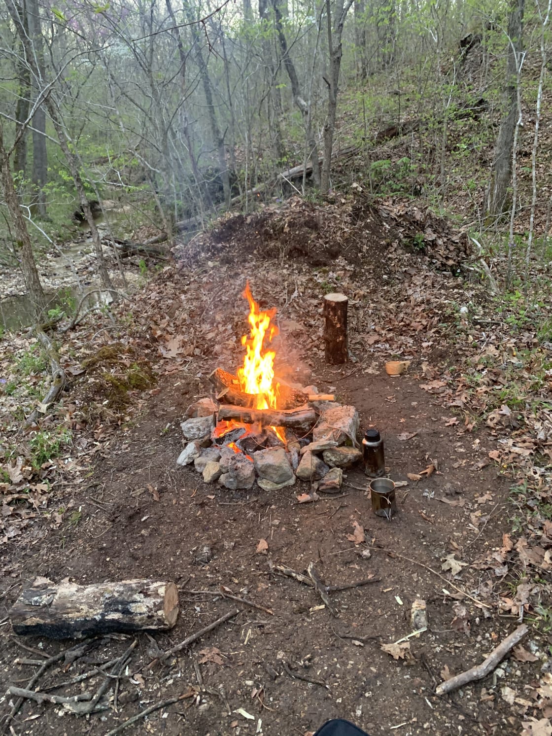 Perfect fire by the spring fed stream