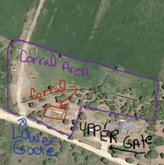 Plan view of the area by the house and the main camping area. Other locations on the property are available for tent camping, but may take some walking to get to.