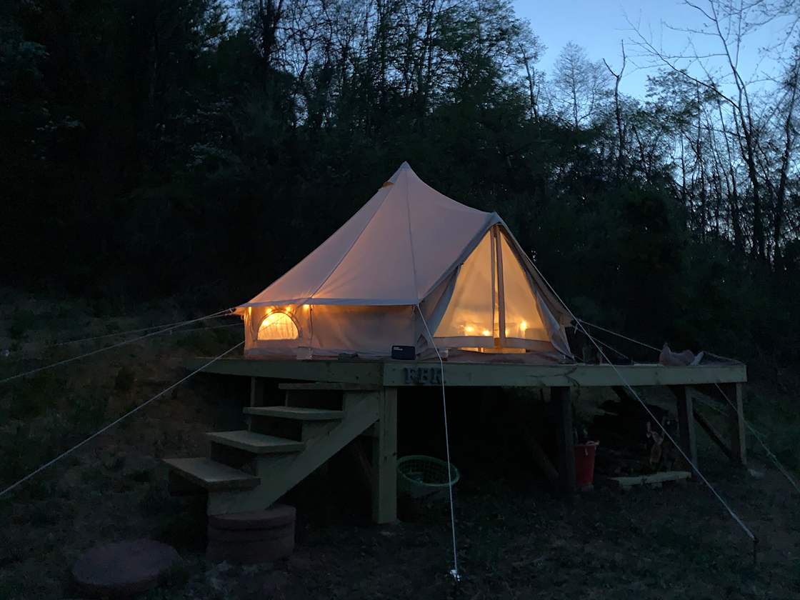 The bell tent at dusk.
