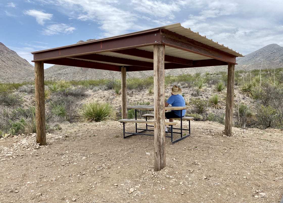 New shade Shelter! 12' X 12' of glorious shade to sit under and look at the mountains. 