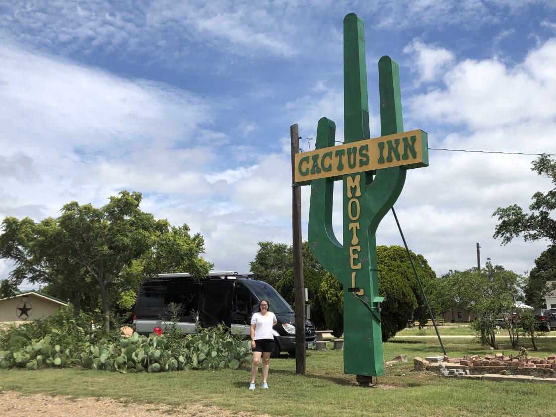 We got to camp right behind the fabulous Cactus Inn Motel sign, right off Rt. 66!