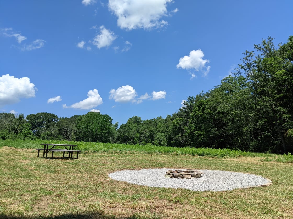 Updated Fire Ring. 16' diameter crushed rock area around fire ring. Campsite is mowed weekly and sized about 80'x80'. 