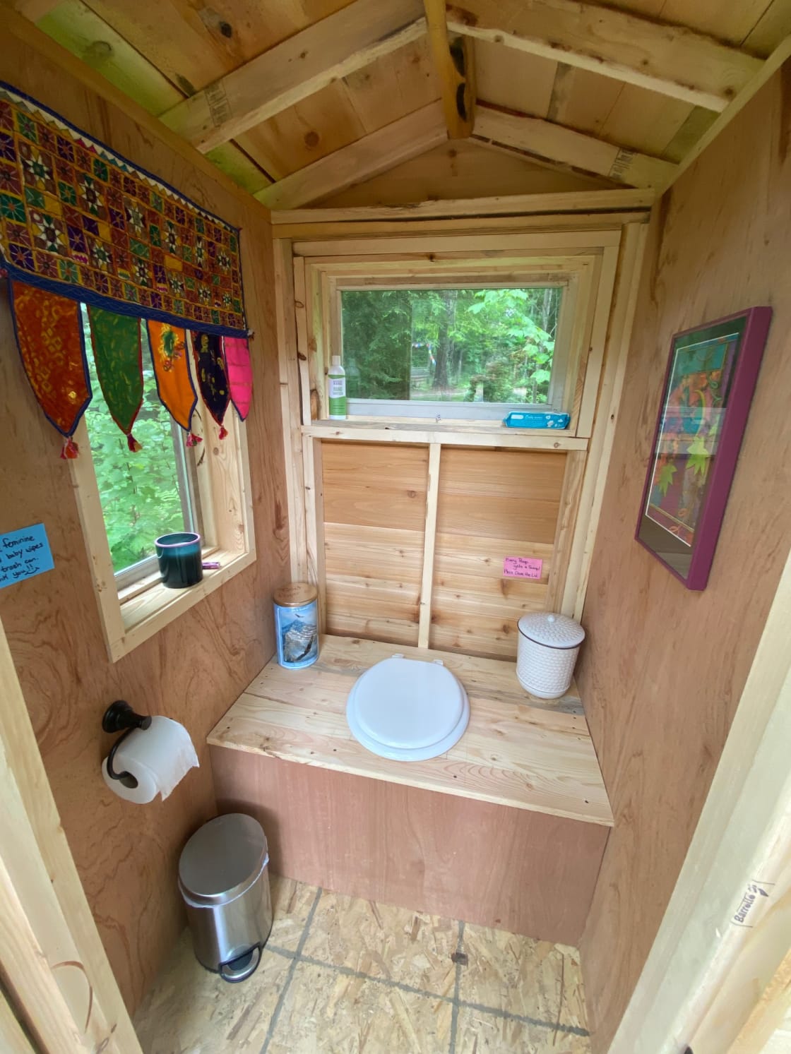 Our newest addition, the inside of the outhouse.