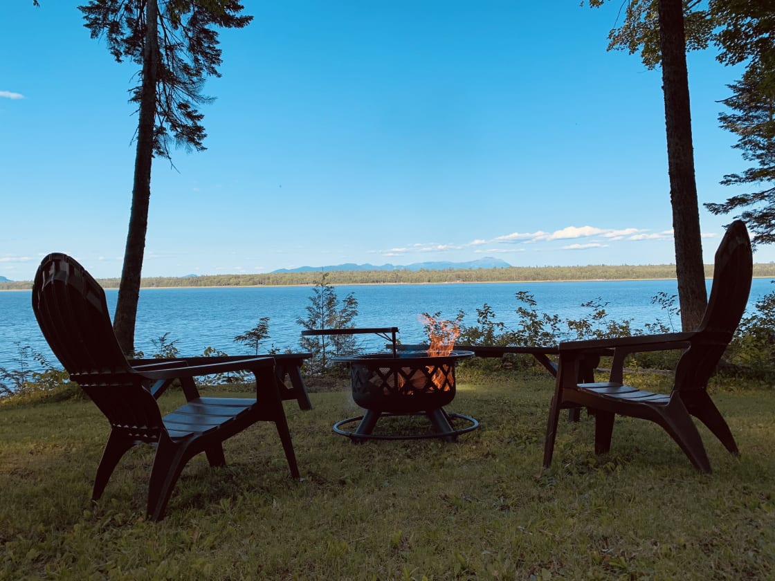 View of the Mount Katahdin mountain range from the private fire pit.