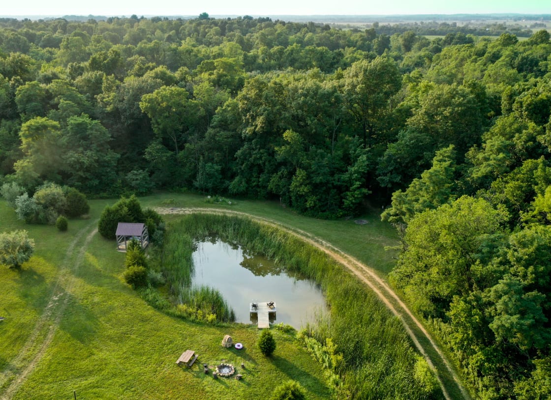 Aerial View of the pond and the communal fire pit.  
