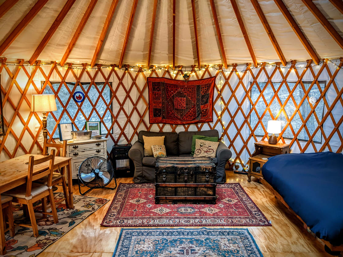 The fully furnished yurt experience, view from the front door.
