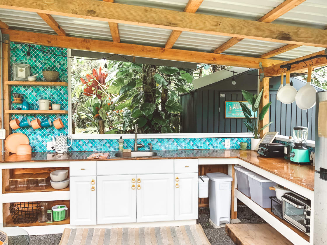 Kitchen in the jungle: complete with fridge, sink with fresh filtered water from our underground well,  coffee bar, microwave, 2 electric burners and toaster oven.