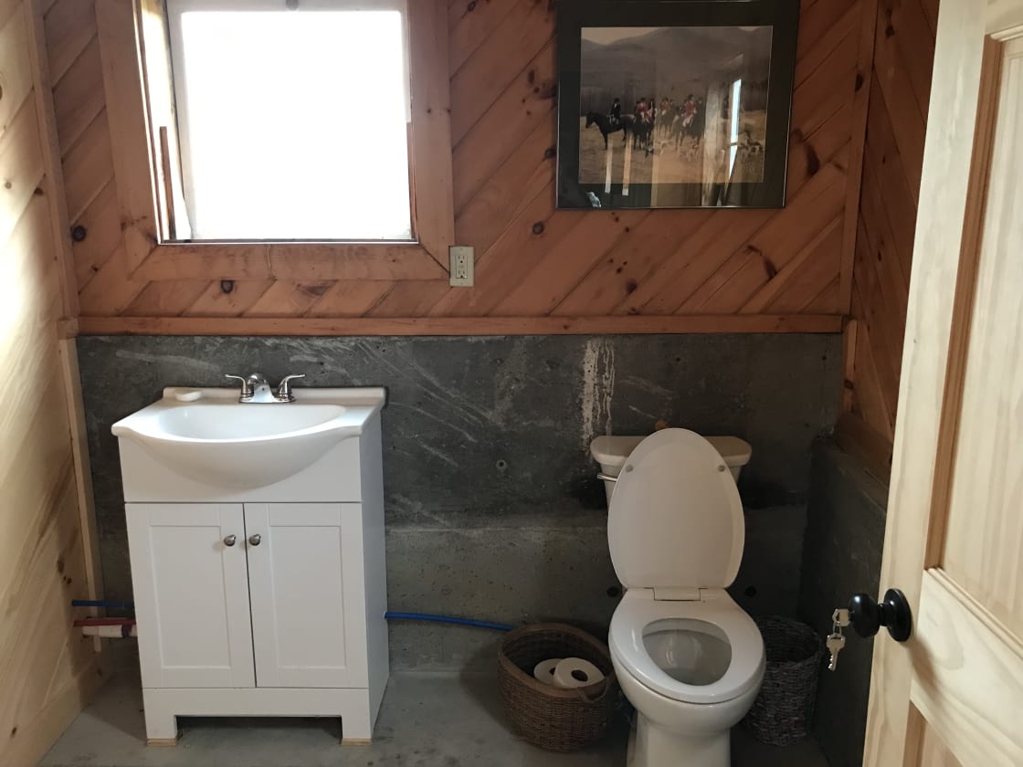 Sink and toilet available in cabin but no shower. Frost free pump and hose out front was spraying off
