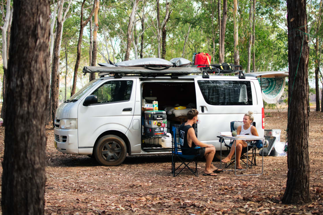 Campsite under the shaded gum trees