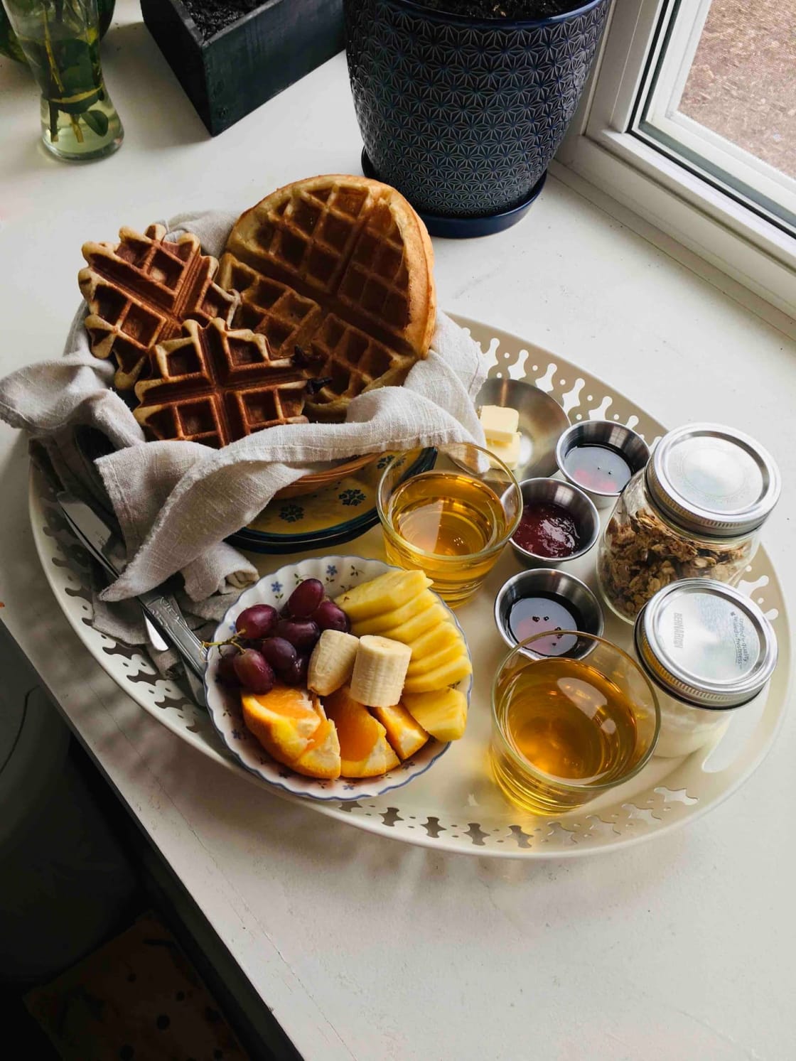 Optional homemade breakfast available for extra, with organic sourdough bread or sourdough Belgium waffles, as well as homemade granola. Available for purchase separately as well. *Photo depicts waffle breakfast for 2