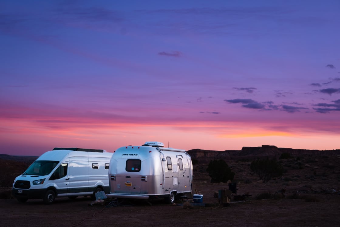 Our 20 ft Safari Airstream at Sunset on one of many available sites