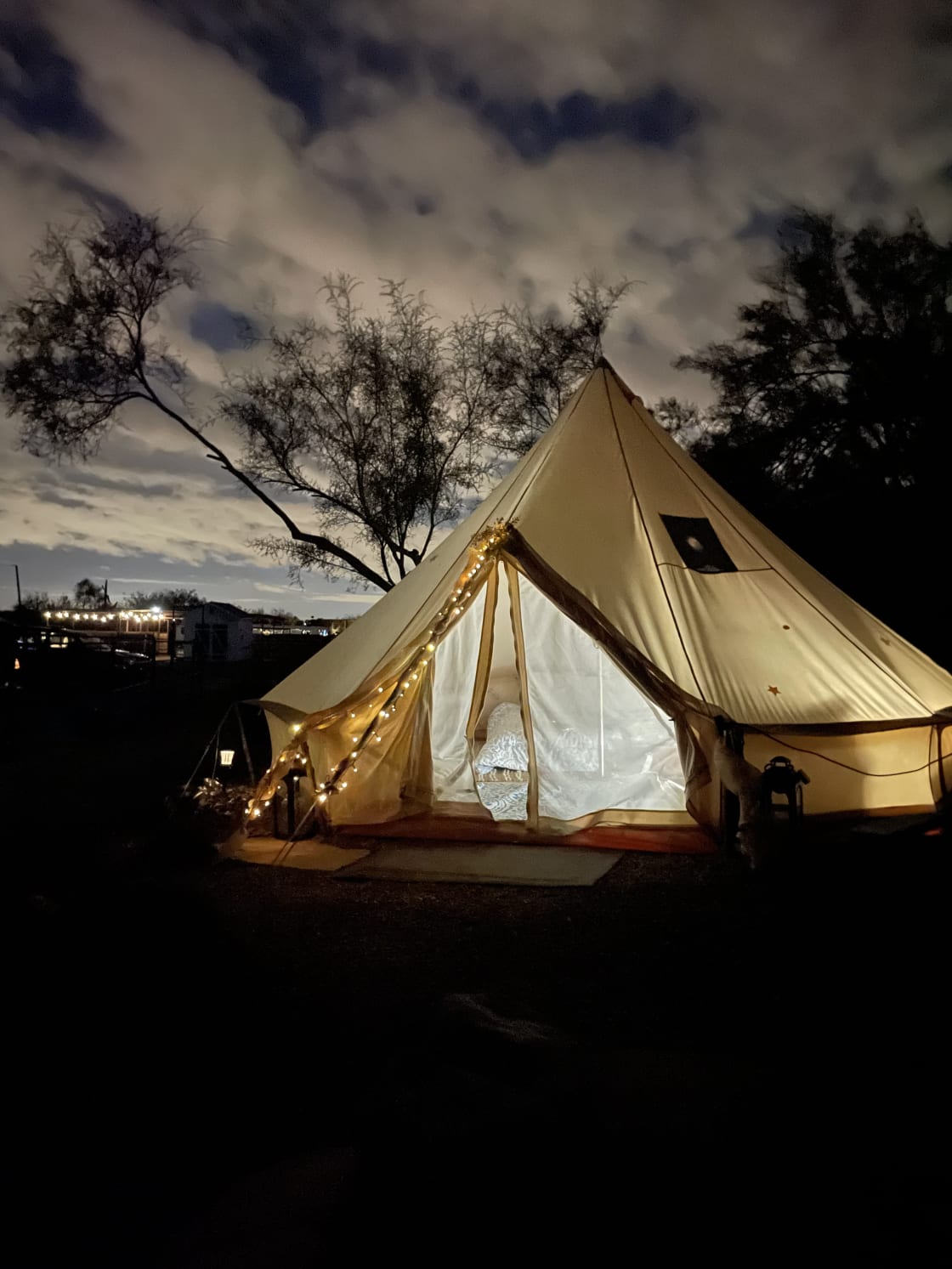 Glamping tent at night