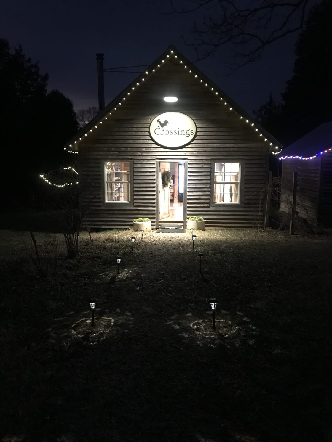 Night light and solar path lights allow safe journey into the Farm Store at night. 
