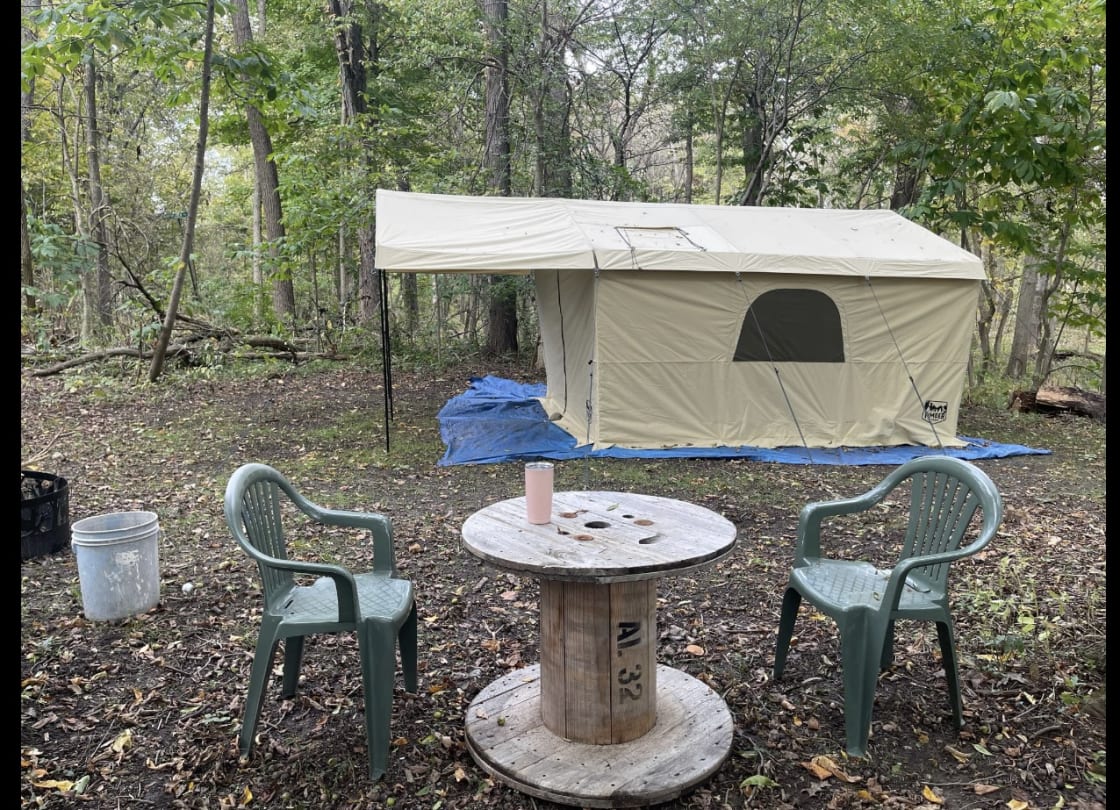 This tent is available to rent. Wood burning fireplace provided with firewood