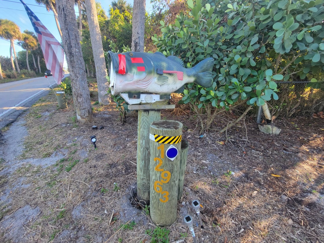 This is the Fish mailboxto look for when coming to the property.  It is close to the road and will pass by quickly. 